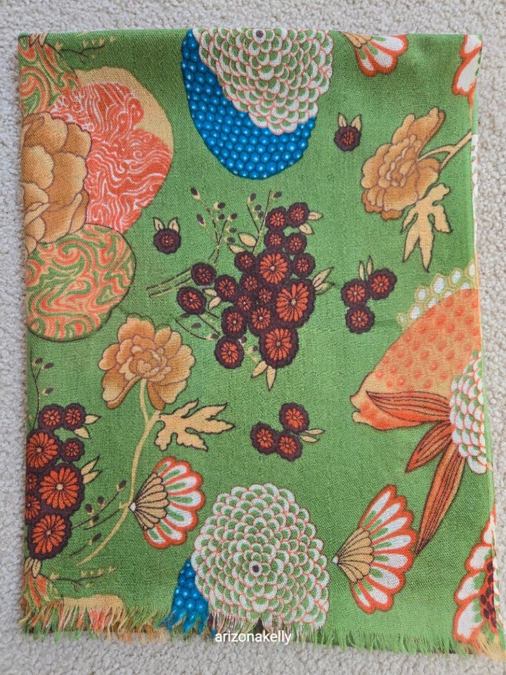 J. Peterman Scarf Wool/Silk Blend Botanical Flowers Green - Picture 13 of 14